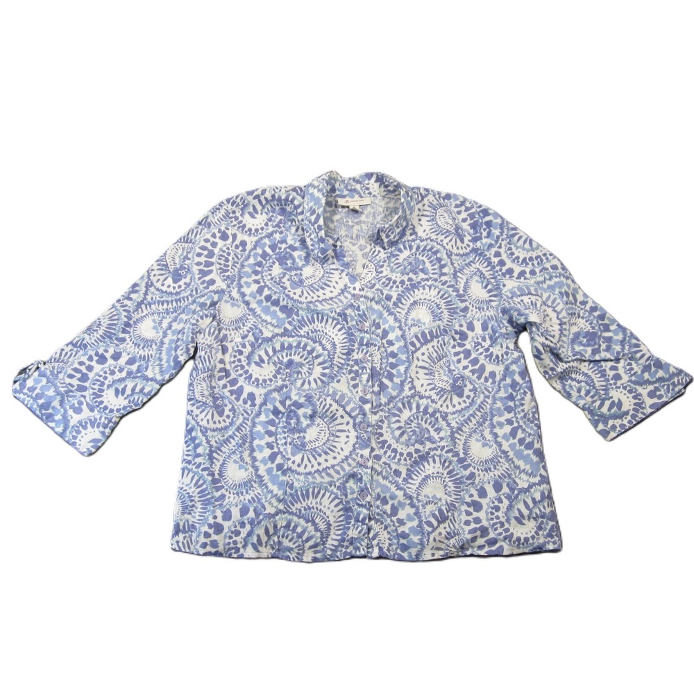JM Collection Linen Shirt 18 White Blue Tie Dye Button Up Boho Resortwear Cruise